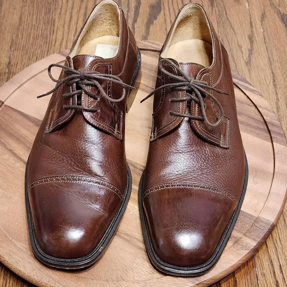 Johnston & Murphy Cellini Shoes Mens Size 10.5 M Brown Leather Cap Toe Italy